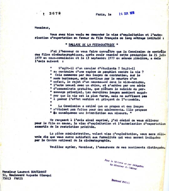 Document inédit attestant de l'avis de la commission de censure avant la sortie du film.