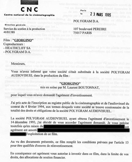 lettre du C.N.C concluant le transfert des droits de production du film de Polygram  la socit de Laurent Boutonnat