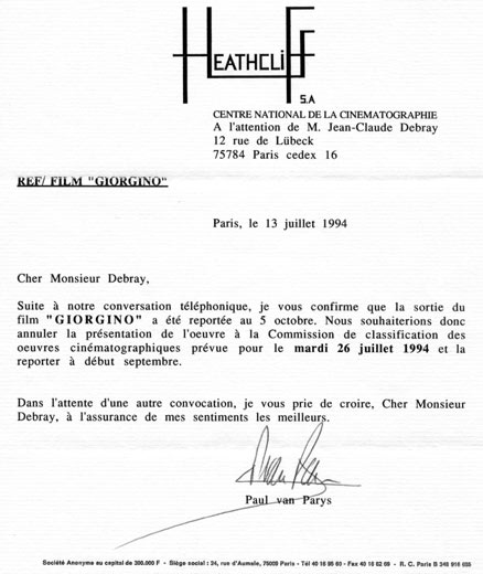 lettre confirmant au comit de censure le report de la sortie du film